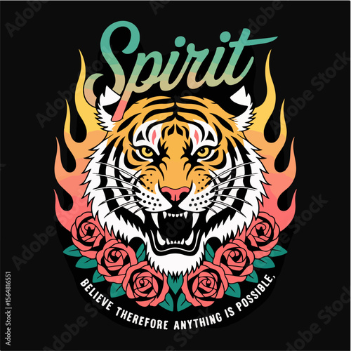 Fierce tiger head with flaming mane and roses inspiring spirit