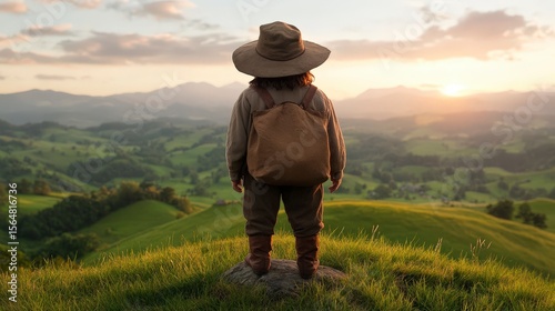 Hobbit Standing on a Hill Overlooking a Green Landscape at Sunset with Rolling Hills and Dramatic Sky