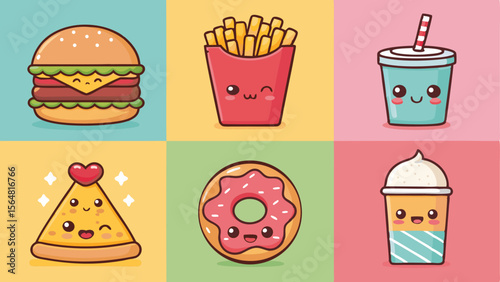 Adorable Kawaii Fast Food Characters Burger, Fries, Pizza, Donut, and Drinks Illustration