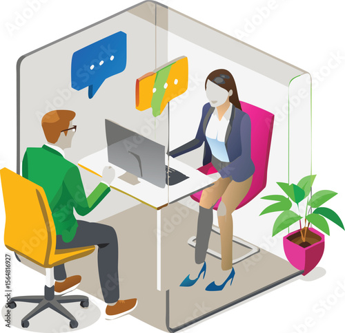 Isometric view of a man and woman in office cubicles having a conversation with speech bubbles above them
