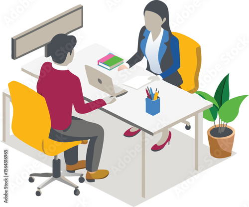 Isometric view of two professionals in a meeting at a desk with laptop and office supplies present