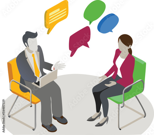 Isometric view of two business people in a meeting with speech bubbles above their heads and a laptop
