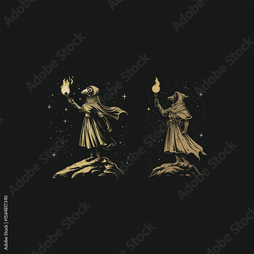 plague doctor woman holding torch at night standing on rock design vector template illustration