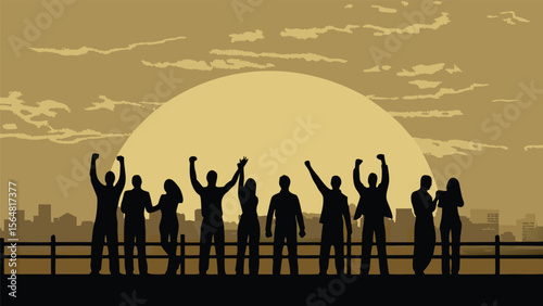 Silhouette of people with raised arms against a sunset with a cityscape and fence in the foreground