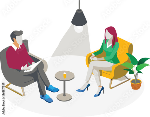 Illustration of a man and woman sitting in chairs under a lamp having a conversation therapy session