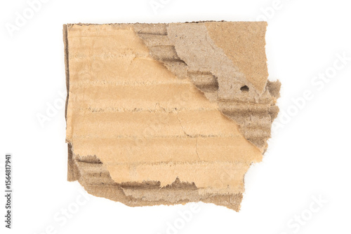 Ripped cardboard paper scraps. Piece of torn cardboard isolated on white background. damaged carton top view. Kraft paper. clipping path.