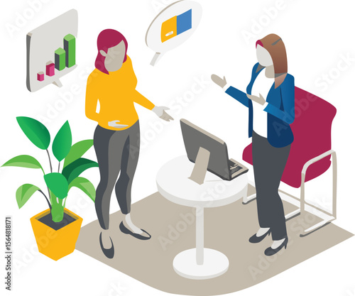 Two women in office setting having a discussion with a computer and plant in the background isometric view