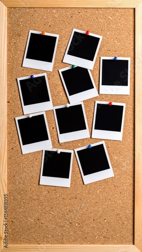 Worn Cork Bulletin Board Displaying Pinned Black And White Polaroids With Blue And Red Pins
