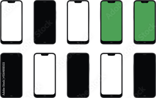 Array of Smartphones with Blank, Black, and Green Screens for App Mockups and Design Templates