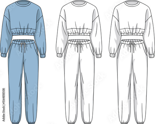 Trendy women’s cropped sweatshirt and jogger pants set, flat fashion sketch, front view, casual wear, cad vector illustration