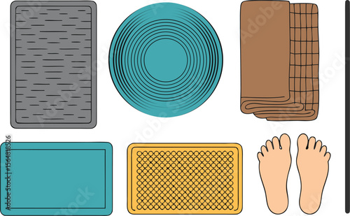 Assorted Bath Mats, Rolled Towel, and Bare Feet on White Background Illustration