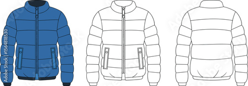 Puffer jacket front and back technical fashion flat sketch, CAD template, winter coat design, garment illustration for apparel production