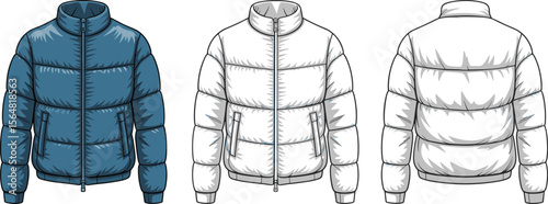 Winter puffer jacket vector template, front and back view, insulated coat fashion sketch, technical flat drawing, outerwear CAD design