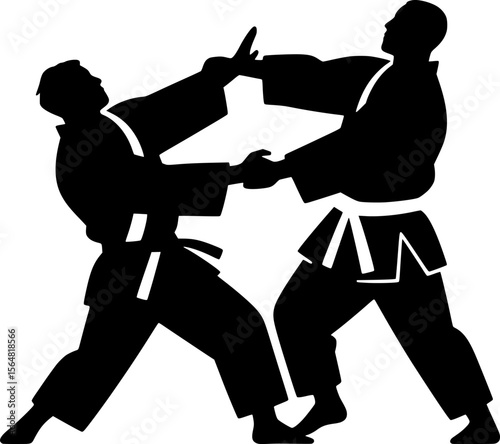 Silhouette of two people performing Judo throw, flat vector