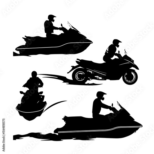 Jet Ski Vector Art Silhouettes Set White Background