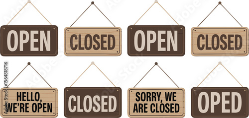 Assorted Open and Closed Signs Hanging, Various Styles and Wood Tones Isolated on White