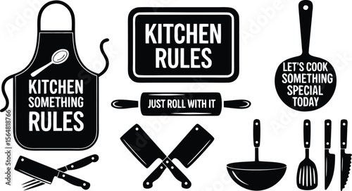 Black and White Kitchen Rules Illustration Featuring Apron, Rolling Pin, Knives, and Cooking Utensils