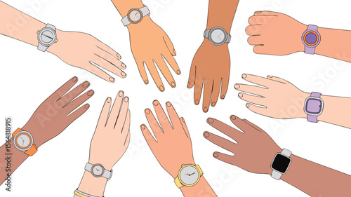 Cartoon Hands with Watches A Diverse Group of People Measuring Time Together on Wrists