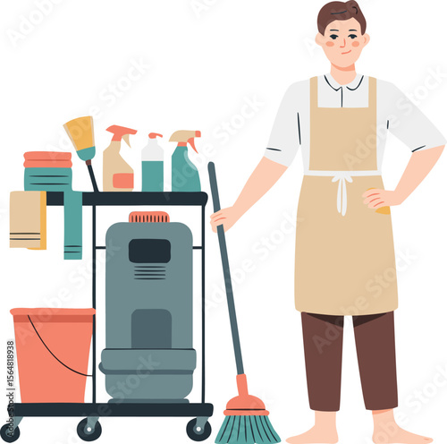 Cartoon Illustration of Smiling Housekeeper with Cleaning Supplies Cart Ready for Maid Service