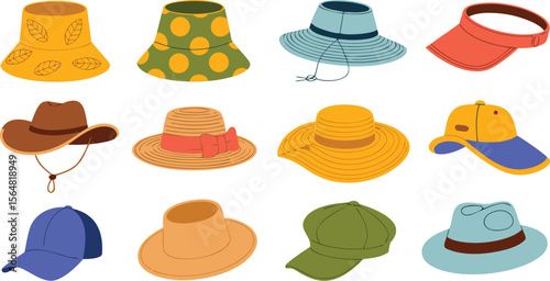 Cartoon Illustration of Diverse Hats Bucket, Baseball, Cowboy, Straw, Fedora, Visor, and More!