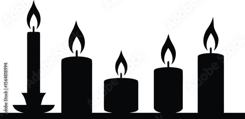 Black Silhouette of Five Lit Candles in Varying Heights Standing on a Flat Surface