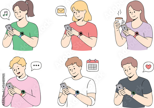 Cartoon People Using Smartphones with Various Icons Music, Email, Coffee, Chat, Calendar, and Heart