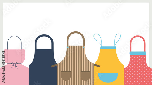 Colorful Apron Collection Pink Ruffled Apron, Navy, Brown Striped, Yellow and Polka Dot Apron Illustration