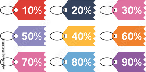 Colorful Retail Price Tags Showing Percentage Discounts 10, 20, 30, 40, 50, 60, 70, 80, 90