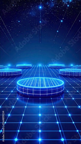 Abstract Digital Cyberspace Scene with Floating Platforms and Dotted Grid in Deep Blue Tones