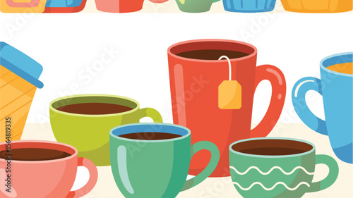 Colorful Cartoon Illustration of Coffee and Tea Cups on White Background Pattern