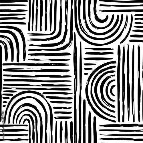 Minimilist black and white abstract pattern with horizontal and vertical lines and semi circular brush strokes design vector