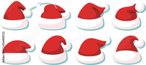 Eight Cartoon Santa Hats with White Fur Trim and Pompoms on a White Background