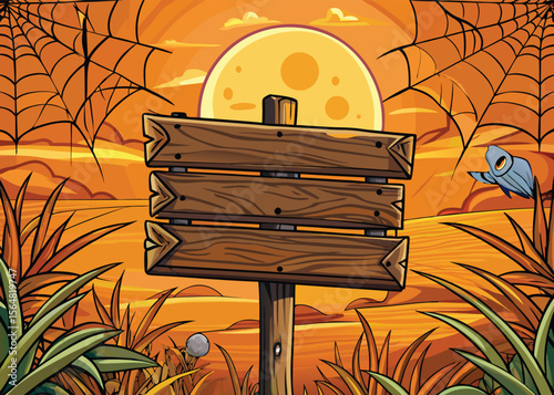 Blank vintage wooden signboard with an arrow on a post in a grassy field under the sky, perfect for your road direction banner illustration needs
