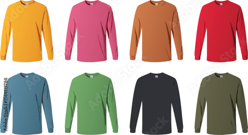 Eight Solid Color Long Sleeve TShirts Yellow, Pink, Brown, Red, Blue, Green, Navy, Olive