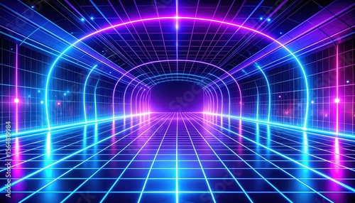 Abstract Neon Tunnel with Blue and Purple Grid Lines and Holographic Illumination