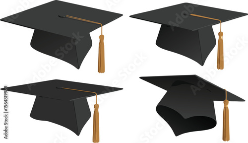 Four Graduation Caps with Gold Tassels Isolated on a White Background Representing Academic Achievement