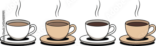Four Cups of Coffee with Saucers, Two White and Two Beige, with Steam Illustration