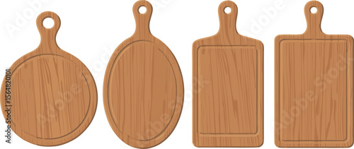 Four Wooden Cutting Boards Round, Oval, and Rectangular Serving Boards with Handles on White Background