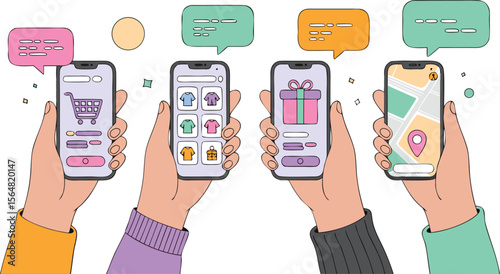 Hands Holding Smartphones Displaying Shopping Cart, Clothing, Gift, and Map with Speech Bubbles Above