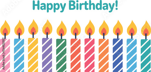 Happy Birthday Text with Striped Candles in Pink, Blue, Purple, Green, and Orange Colors