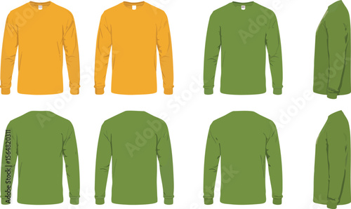 Long Sleeve TShirt Mockups Front, Back, and Side Views of Gold and Green Shirts