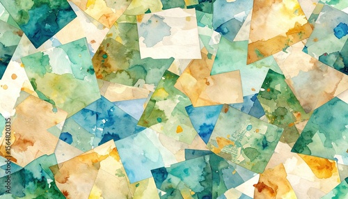 Abstract Watercolor Fragments Overlapping Squares In Green Blue And Brown Tones With Vintage Texture