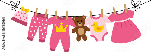 Pink Baby Clothes and Teddy Bear Hanging on Clothesline Baby Shower Decoration Idea