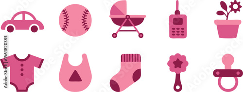 Pink Baby Icons Car, Baseball, Stroller, Walkie Talkie, Plant, Onesie, Bib, Sock, Rattle, Pacifier