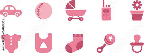 Pink Baby Items Illustration Car, Ball, Stroller, Radio, Flower Pot, Onesie, Bib, Sock, Rattle