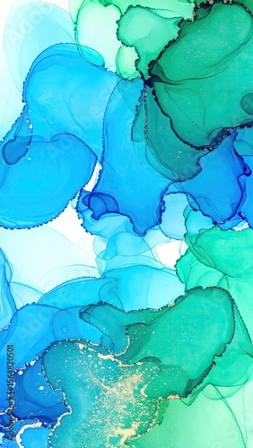 Abstract Watercolor Wash Blending Cobalt And Emerald Hues On White Background