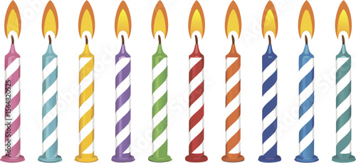 Row of Burning Birthday Candles Striped, Pink, Blue, Yellow, Purple, Green, Red, Orange, and White
