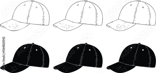 Six Cap Illustrations Black and White Baseball Hats with Visors, Top and Bottom Rows