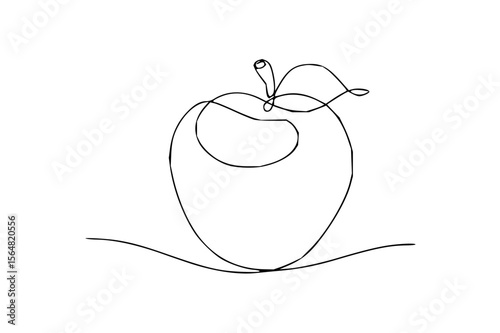 Minimilist single line drawing of an apple with a leaf and stem, resting on a curved line, in black and white vector
