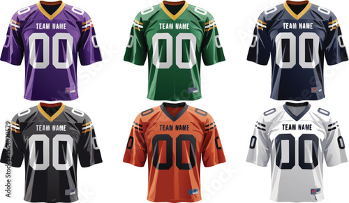 Six American Football Jerseys in Purple, Green, Navy, Black, Orange, and White Colors